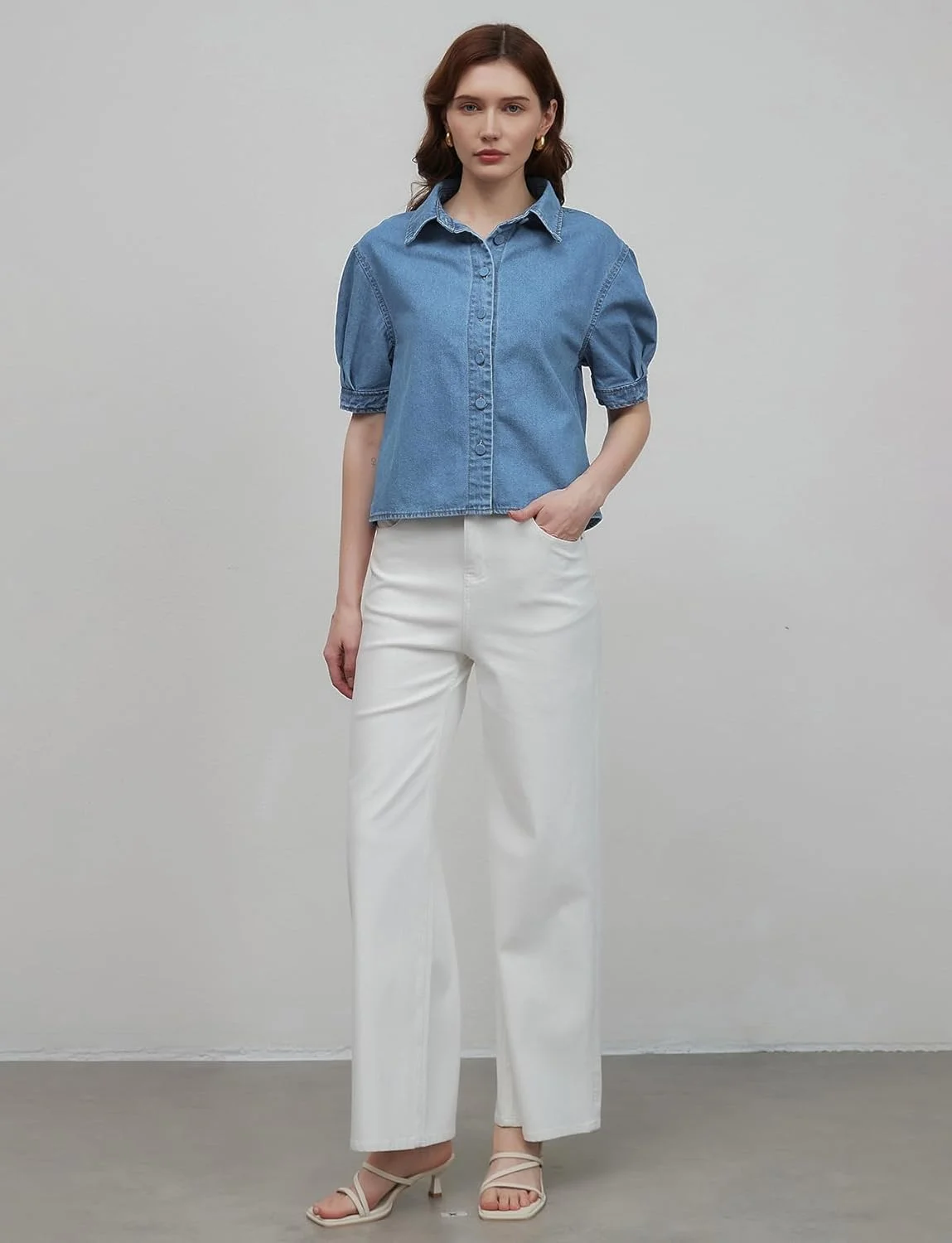 پیراهن جین آستین کوتاه زنانه EZAPINE، تاپ دکمه دار کوتاه، مناسب تابستان، استایل کژوال و رسمی