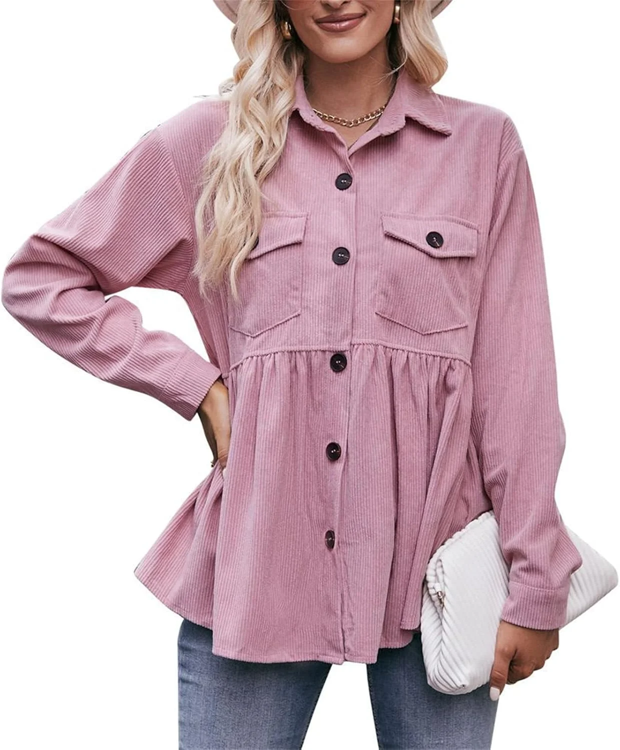 پیراهن زنانه ERTUPE مدل پپلوم مخملی، کت دکمه دار، کت های شکت آستین بلند، مدل عروسکی، کت های گشاد غیر رسمی با جیب