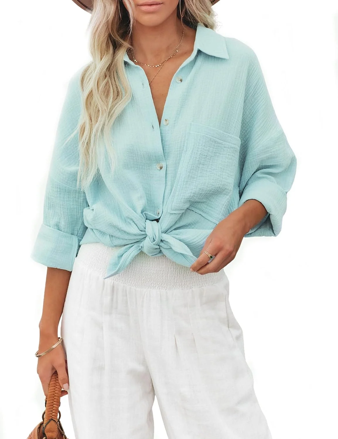 اسمِلینگ، بلوز زنانه دکمه دار آستین بلند، یقه برگردان، مدل آزاد و بزرگ