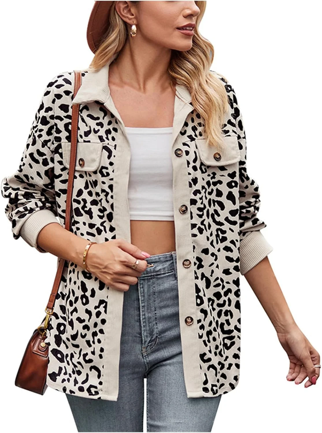 ERTUPE ژاکت دکمه دار پلنگی زنانه، پیراهن مخملی، شاکت آستین بلند، بلوز، کت با جیب