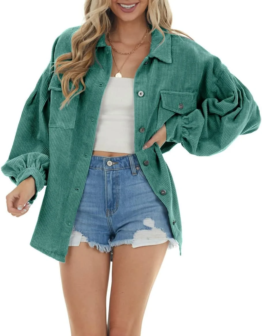 Esobo پیراهن زنانه آستین بلند دکمه دار مخمل کبریتی، کت شکت بزرگ، تاپ و بلوز آستین افتاده با جیب، سبز، S