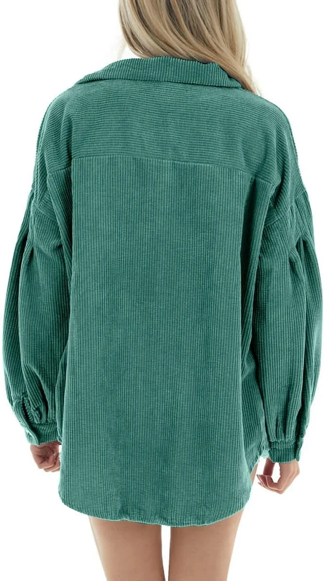 Esobo پیراهن زنانه آستین بلند دکمه دار مخمل کبریتی، کت شکت بزرگ، تاپ و بلوز آستین افتاده با جیب، سبز، S Esobo پیراهن زنانه آستین بلند دکمه دار مخمل کبریتی، کت شکت بزرگ، تاپ و بلوز آستین افتاده با جیب، سبز، S