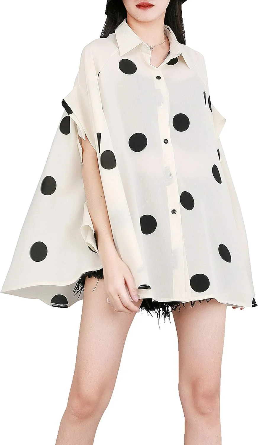 بلوز آستین خفاشی زنانه الاژو با طرح خال خالی و دکمه دار، مدل بزرگ و مناسب تابستان GY1903 سفید