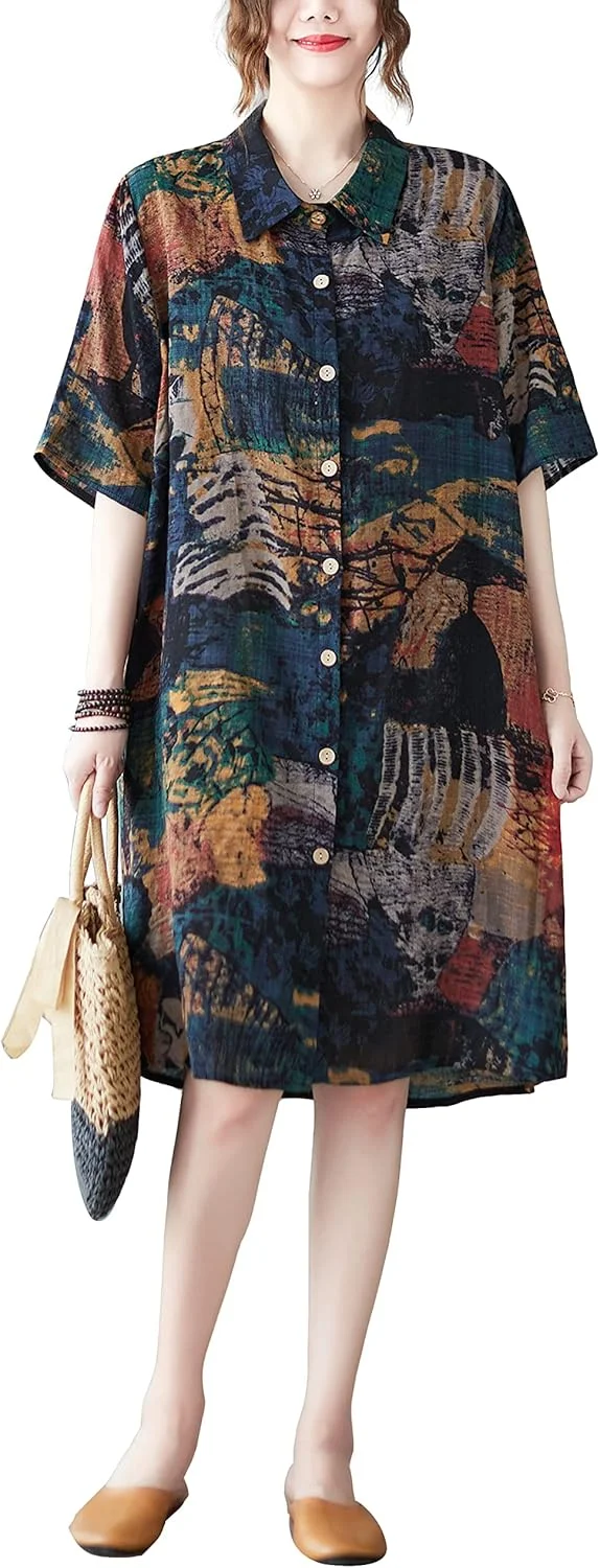 ellazhu بلوز زنانه آستین کوتاه دکمه دار طرح دار مدل بالا پایین GA2568