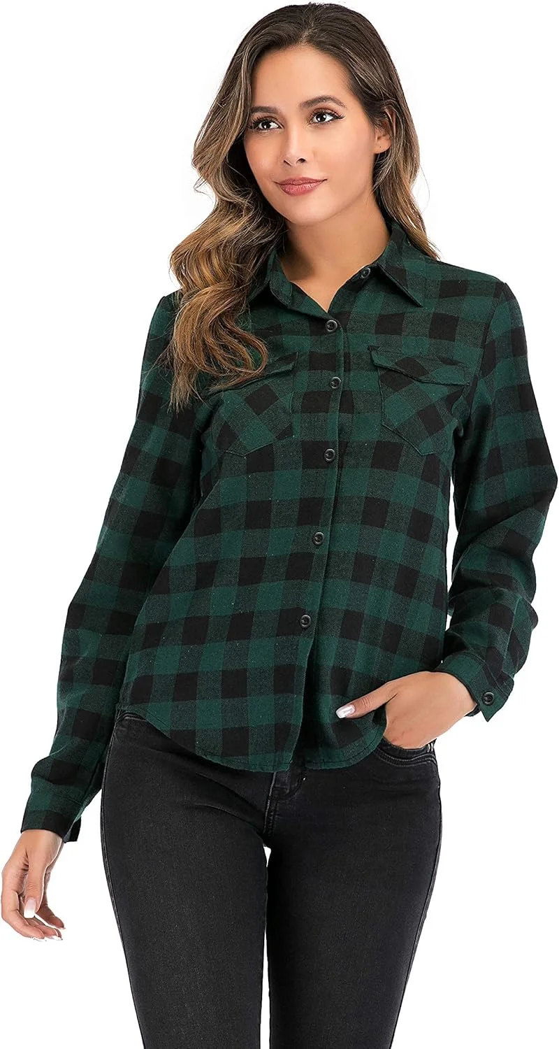بلوز چهارخانه زنانه Enjoyoself آستین بلند، پیراهن های فلانل چهارخانه، بلوز پنبه ای دکمه دار مدل چوب بر برای استفاده روزمره و جشن اکتبر