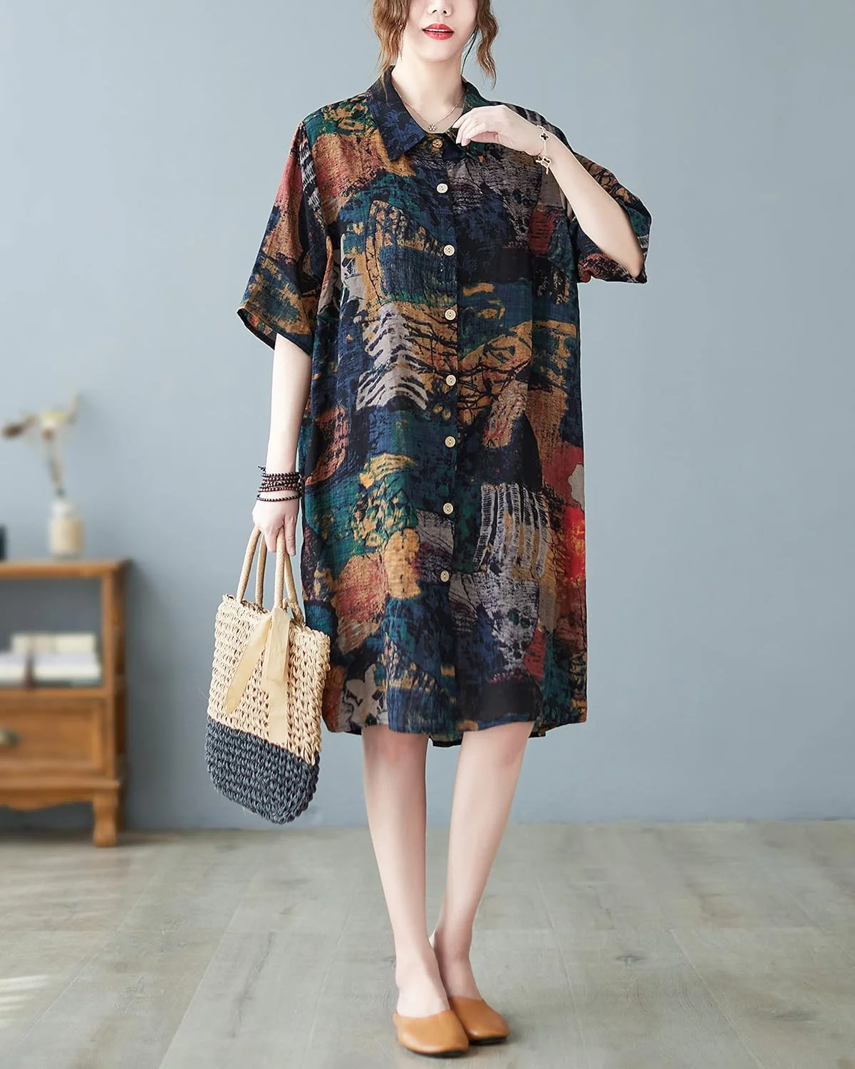 ellazhu بلوز زنانه آستین کوتاه دکمه دار طرح دار مدل بالا پایین GA2568