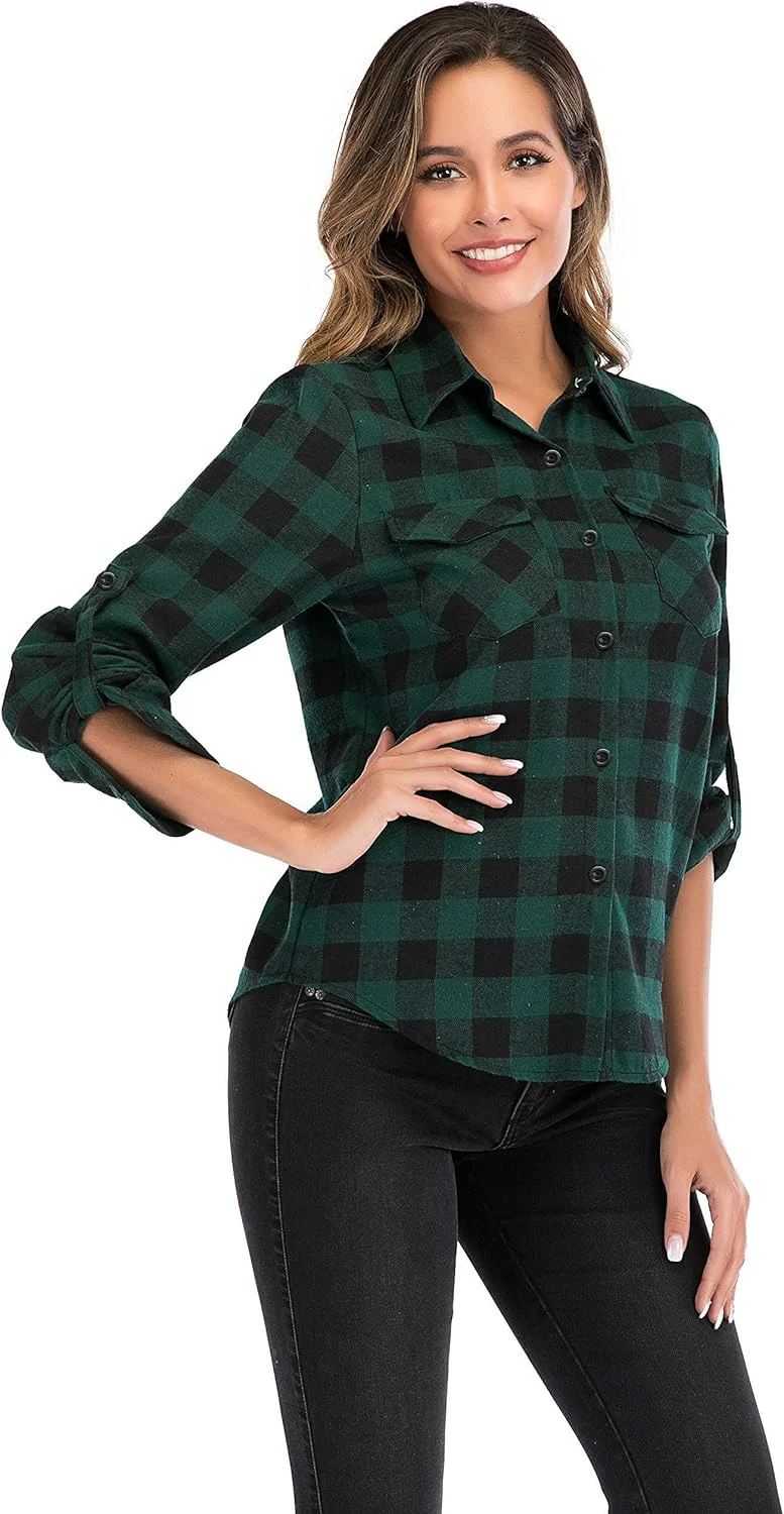 بلوز چهارخانه زنانه Enjoyoself آستین بلند، پیراهن های فلانل چهارخانه، بلوز پنبه ای دکمه دار مدل چوب بر برای استفاده روزمره و جشن اکتبر