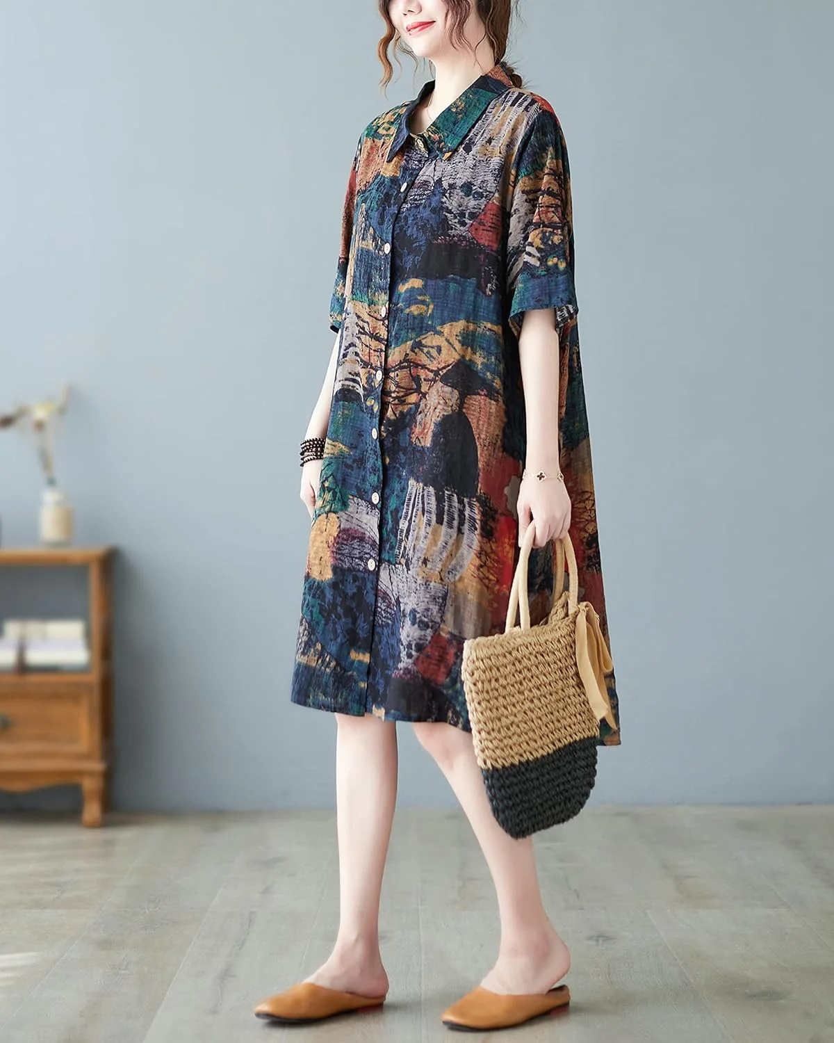 ellazhu بلوز زنانه آستین کوتاه دکمه دار طرح دار مدل بالا پایین GA2568