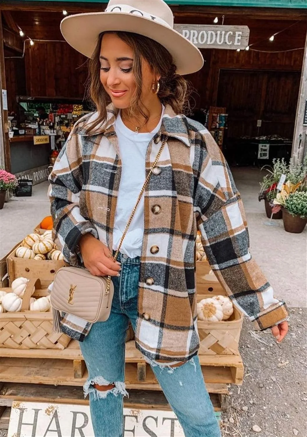 EFOFEI بلوز زنانه چهارخانه بزرگ، دکمه دار، جیب دار، یقه برگردان، آستین بلند، مدل گشاد