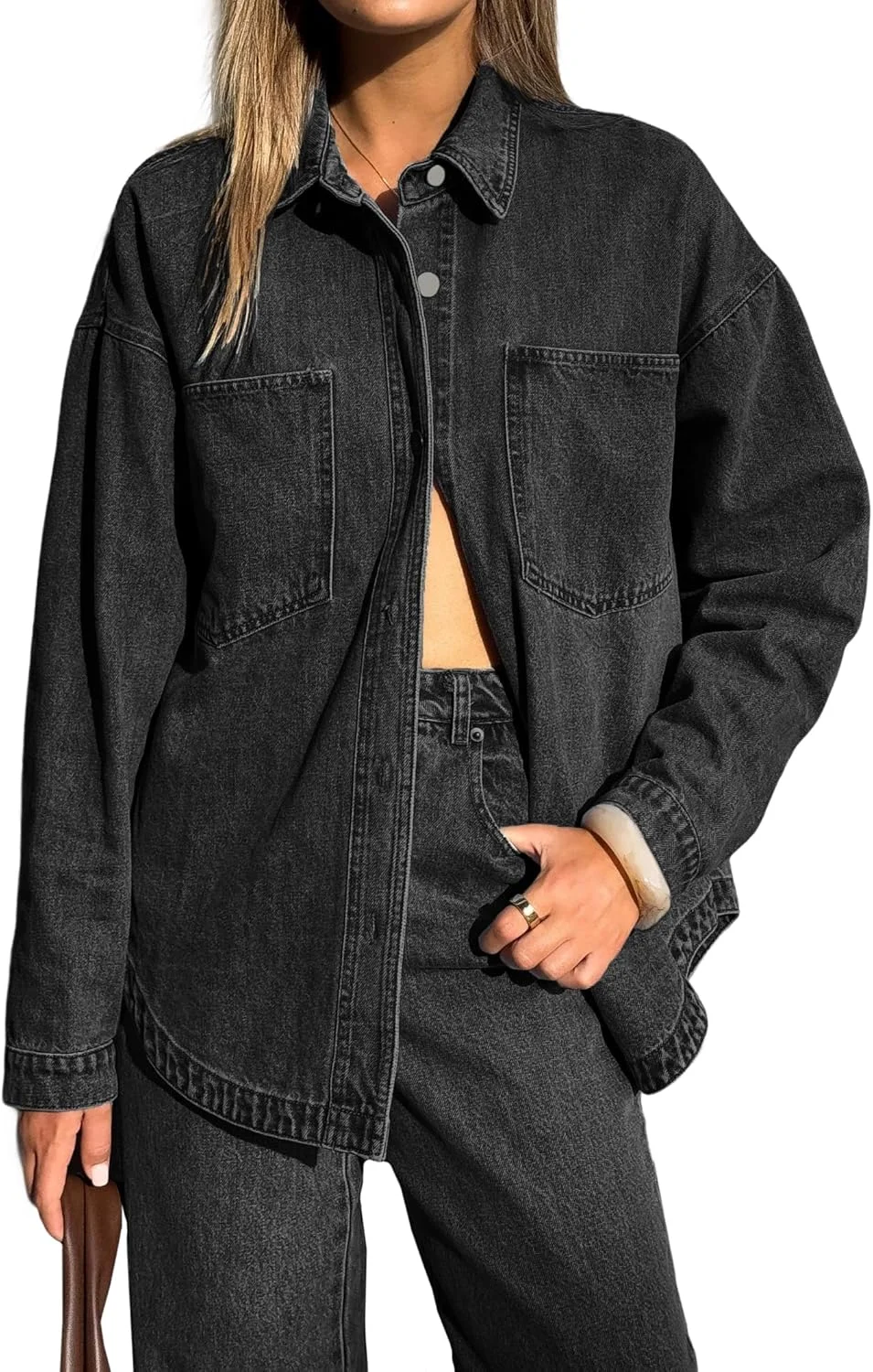 EMMIOL پیراهن جین زنانه، بلوز دکمه دار آستین بلند بزرگ، ژاکت جین پاره پوره، لباس های پاییزی 2025