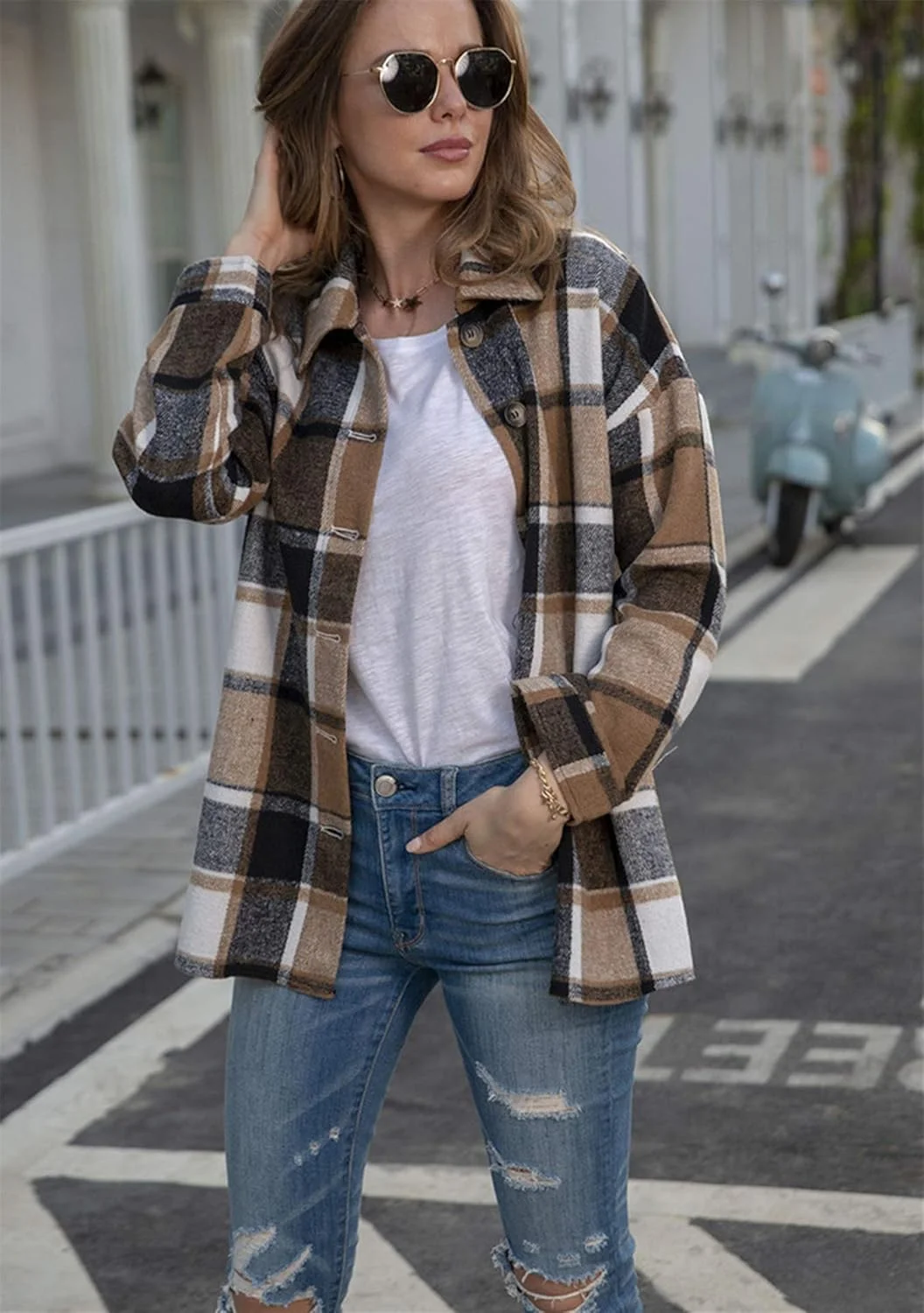 EFOFEI بلوز زنانه چهارخانه بزرگ، دکمه دار، جیب دار، یقه برگردان، آستین بلند، مدل گشاد