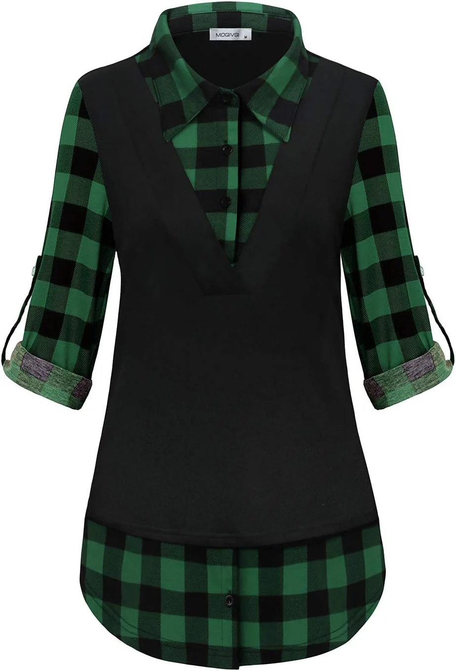 MOQIVG پیراهن زنانه آستین بلند با یقه متضاد، بلوزهای طرح دار و تکه دوزی شده شیک و غیر رسمی