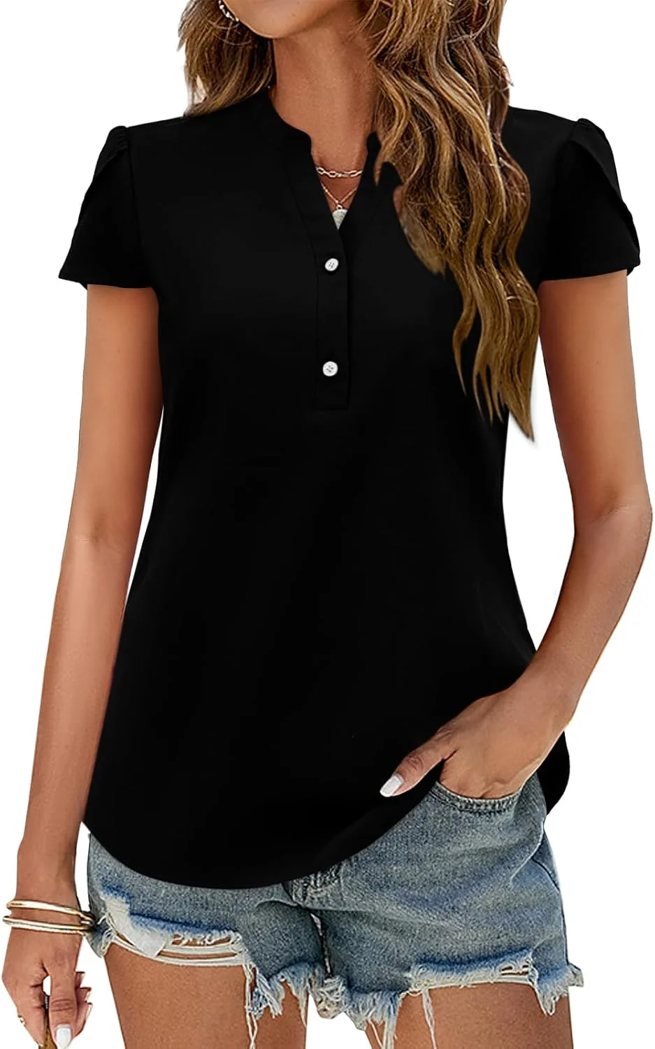 بلوز زنانه Elesomo، آستین کوتاه، یقه هفت، تاپ تابستانی، تونیک غیر رسمی