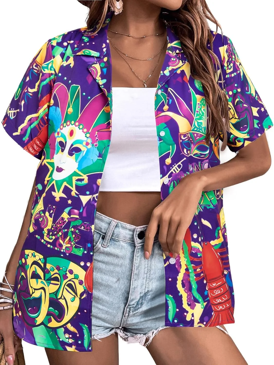 پیراهن هاوایی زنانه ماردی گرا، بلوز آستین کوتاه دکمه دار طرح دلقک خنده دار کارناوال سه شنبه چاق
