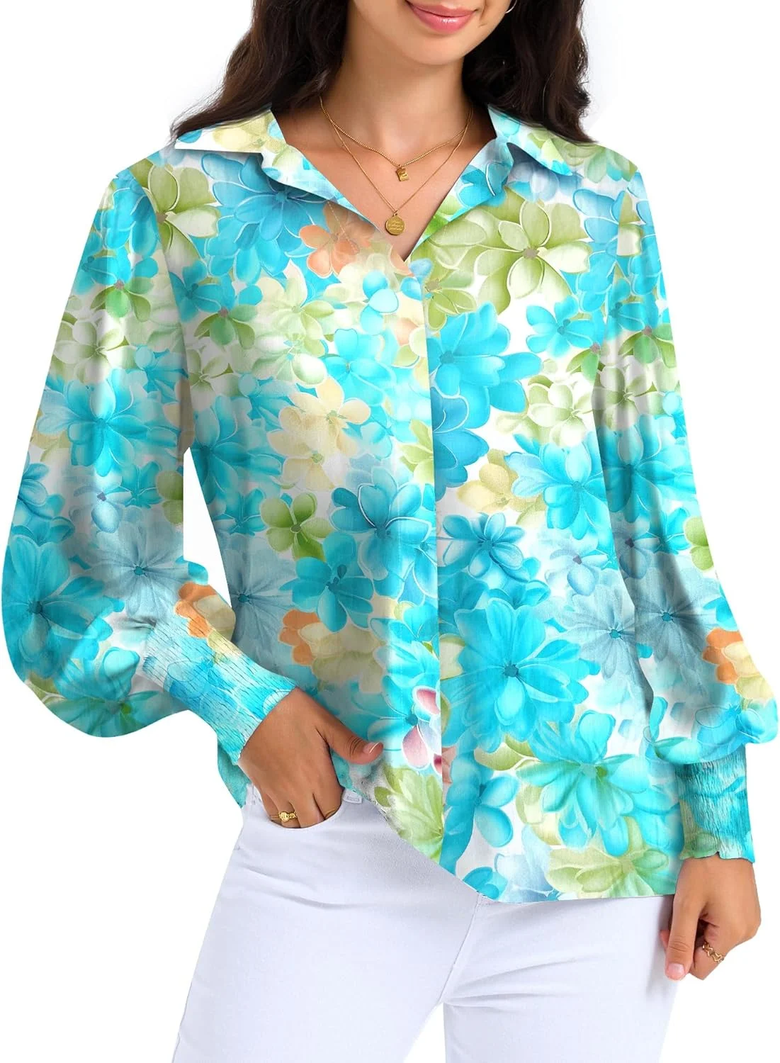 DYLISEA بلوز زنانه طرح گلدار آستین فانوسی یقه هفت دکمه دار طرح بوهو، بلوزهای گشاد و راحت