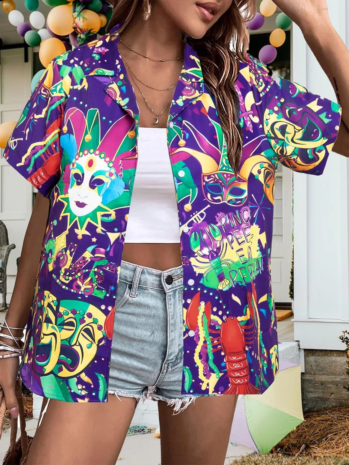 پیراهن هاوایی زنانه ماردی گرا، بلوز آستین کوتاه دکمه دار طرح دلقک خنده دار کارناوال سه شنبه چاق پیراهن هاوایی زنانه ماردی گرا، بلوز آستین کوتاه دکمه دار طرح دلقک خنده دار کارناوال سه شنبه چاق