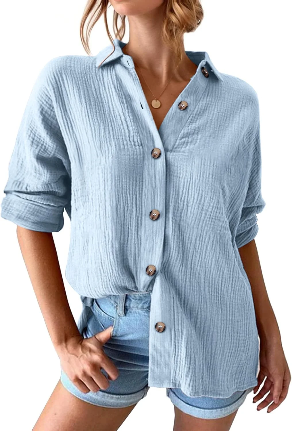 پیراهن دکمه دار زنانه Dseipo، آستین بلند بزرگ، بافت کرپ، مدل افتاده روی شانه