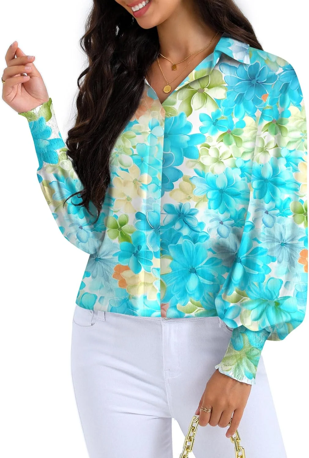 DYLISEA بلوز زنانه طرح گلدار آستین فانوسی یقه هفت دکمه دار طرح بوهو، بلوزهای گشاد و راحت