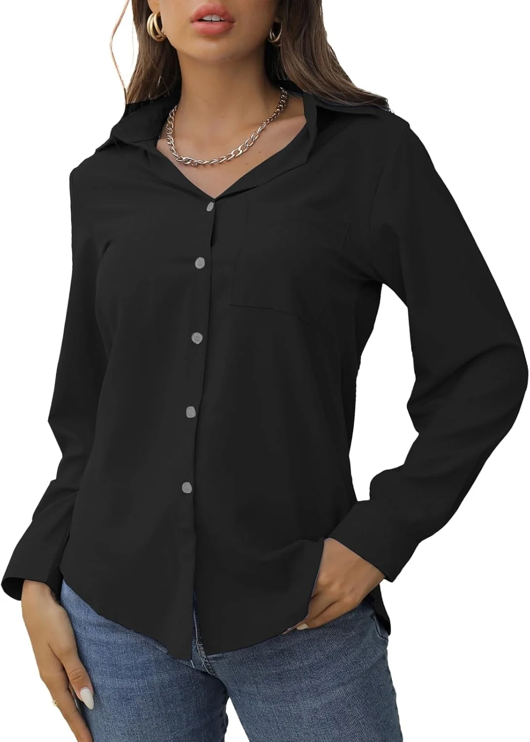 EDOTON بلوز آستین بلند زنانه دکمه دار یقه هفت، مناسب و شیک، بلوز ساده با جیب مناسب کار اداری سایز S-XXL