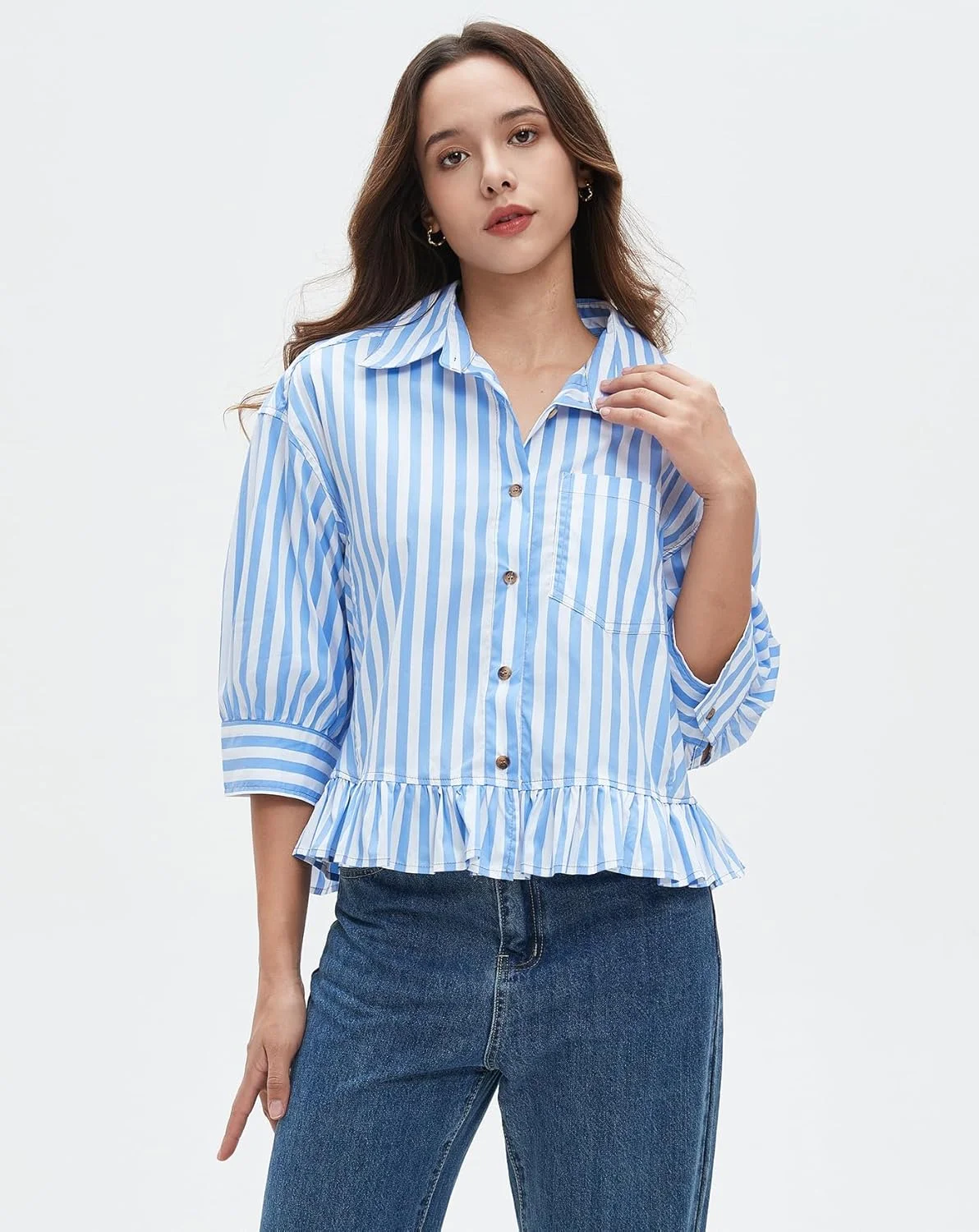 EAZEPINE پیراهن زنانه دکمه دار راه راه، دامن پلیسه دار، آستین سه ربع، یقه دار، مدل عروسکی