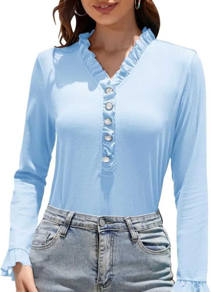 تاپ آستین بلند زنانه مدل DYLH با یقه هفت و تزئین توری و دکمه های تزیینی