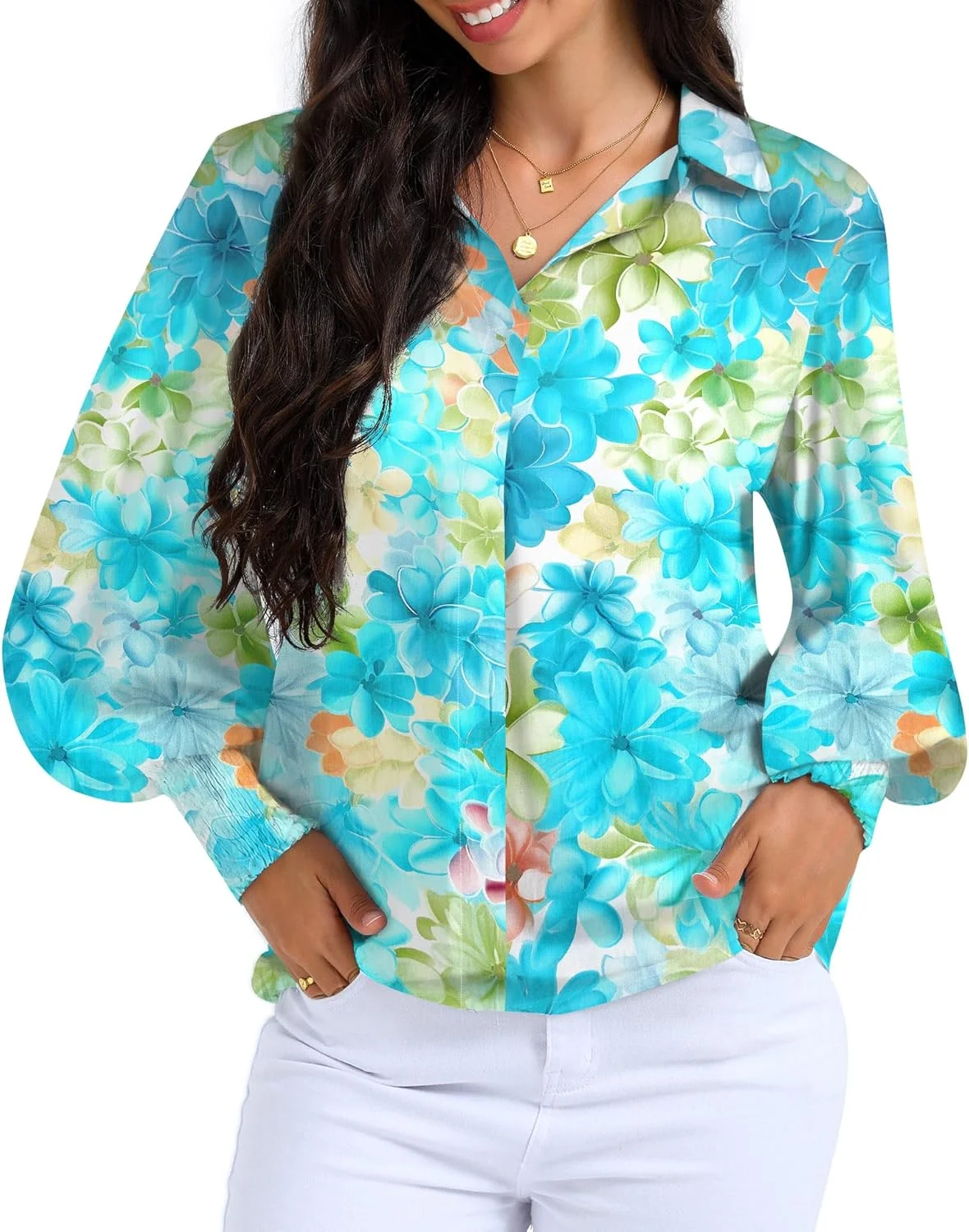 DYLISEA بلوز زنانه طرح گلدار آستین فانوسی یقه هفت دکمه دار طرح بوهو، بلوزهای گشاد و راحت