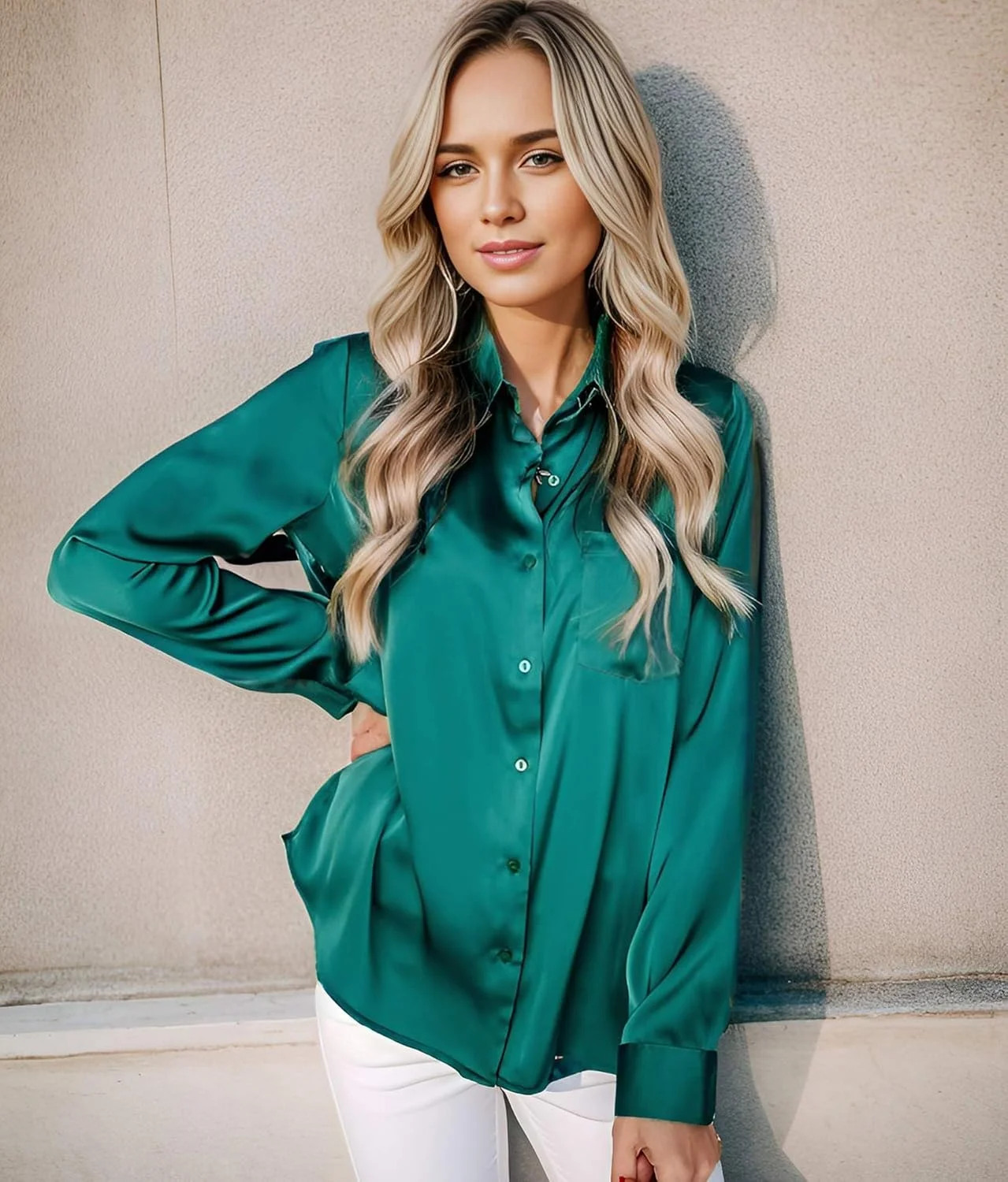 پیراهن های دکمه دار ساتن زنانه آستین بلند، بلوزهای اداری باریک، تاپ های غیر رسمی تجاری با جیب