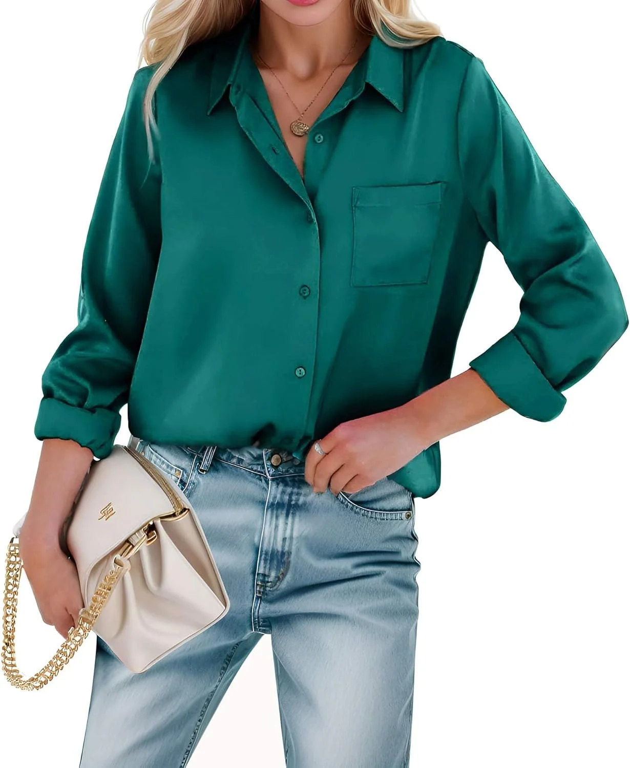 پیراهن های دکمه دار ساتن زنانه آستین بلند، بلوزهای اداری باریک، تاپ های غیر رسمی تجاری با جیب