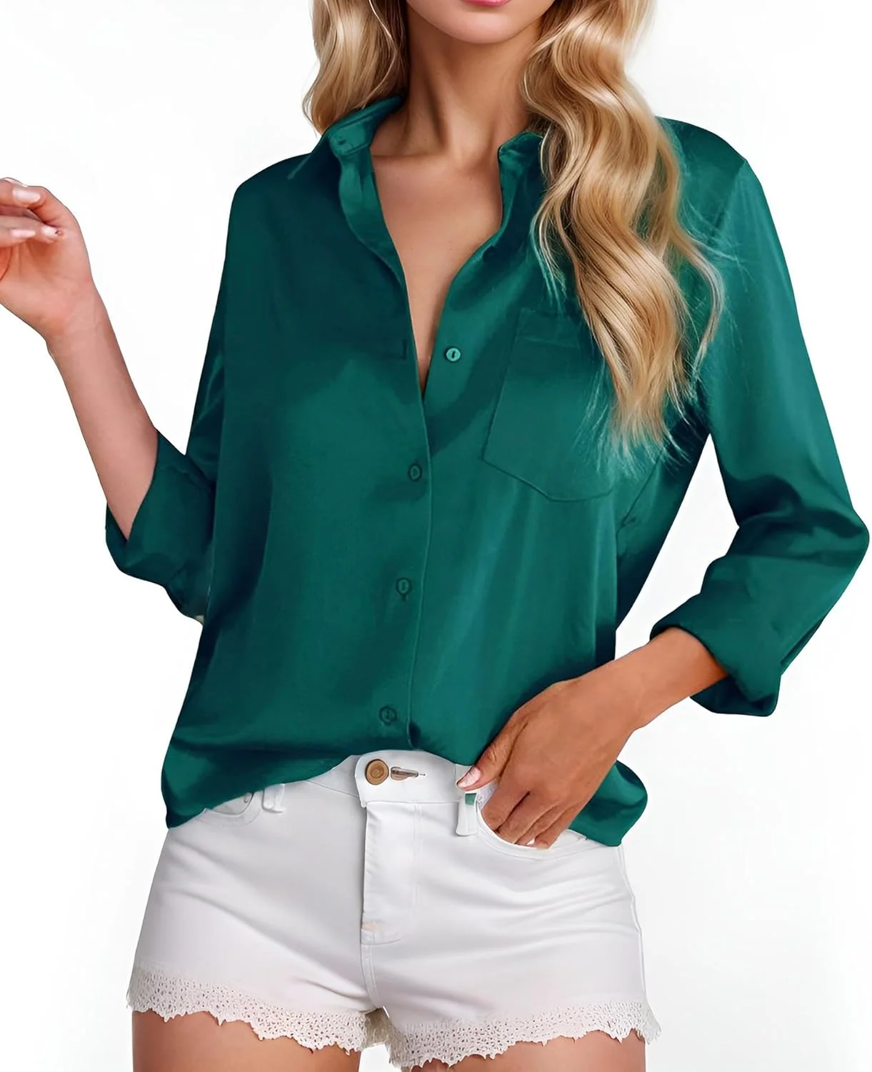 پیراهن های دکمه دار ساتن زنانه آستین بلند، بلوزهای اداری باریک، تاپ های غیر رسمی تجاری با جیب