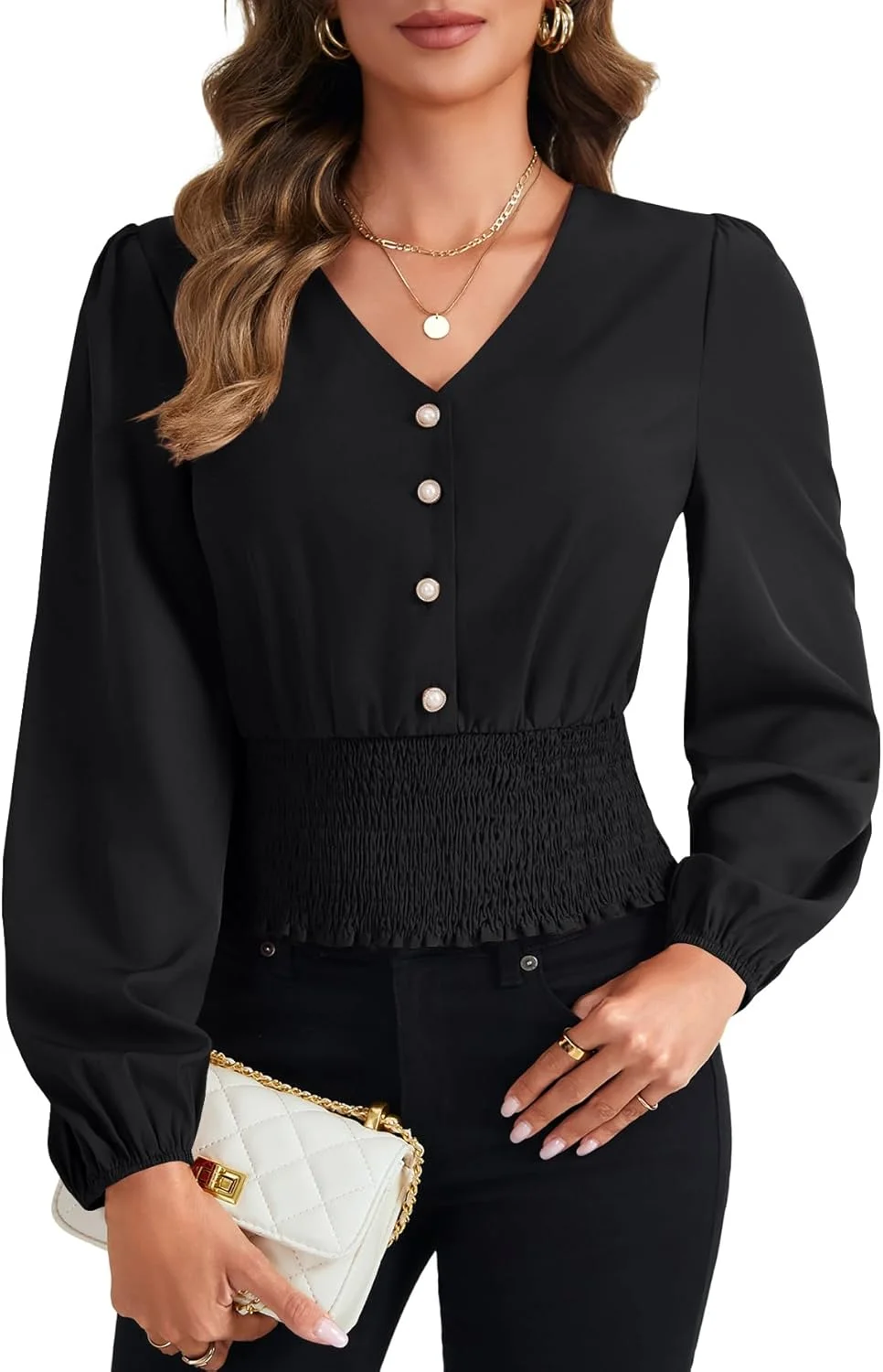 بلوز زنانه دکمه دار یقه هفت آستین بلند طرح دار مناسب کار