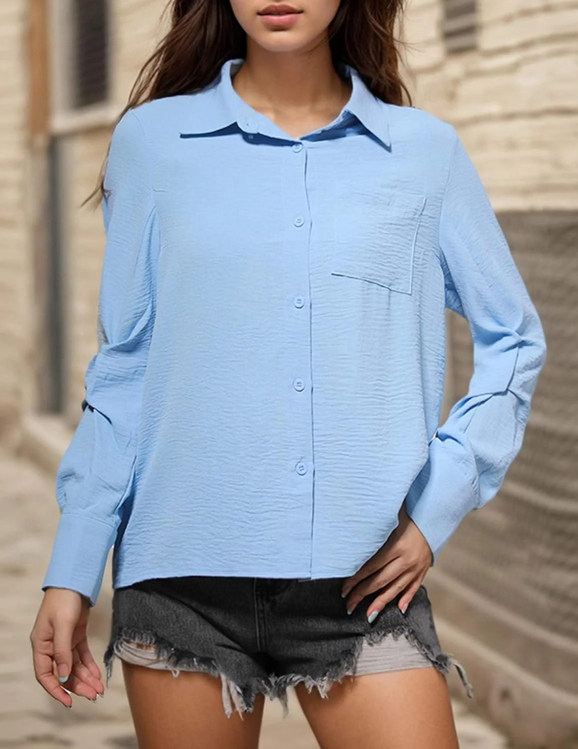 پیراهن دکمه دار زنانه آستین بلند، بلوزهای مجلسی مناسب محیط کار با جیب، تاپ های شیک و اسپرت