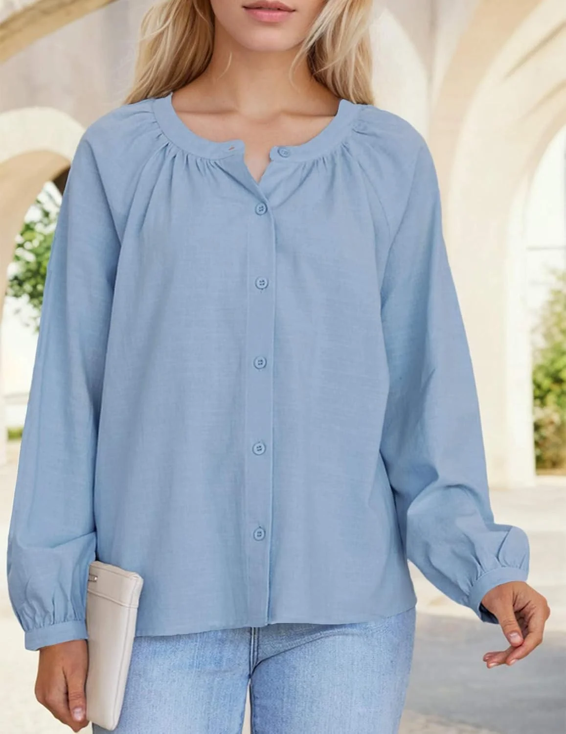 بلوز و شومیز زنانه آستین بلند یقه گرد دکمه دار مدل دار مجلسی و غیر رسمی 2025