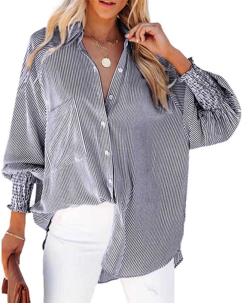 بلوز زنانه راه راه آستین بلند دکمه دار جیب دار