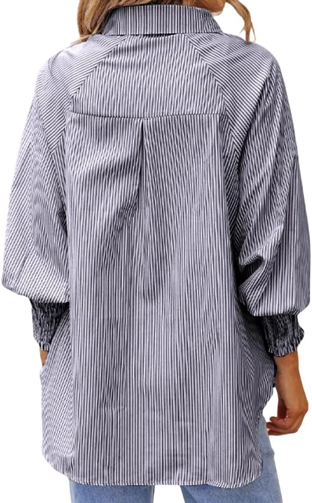 بلوز زنانه راه راه آستین بلند دکمه دار جیب دار