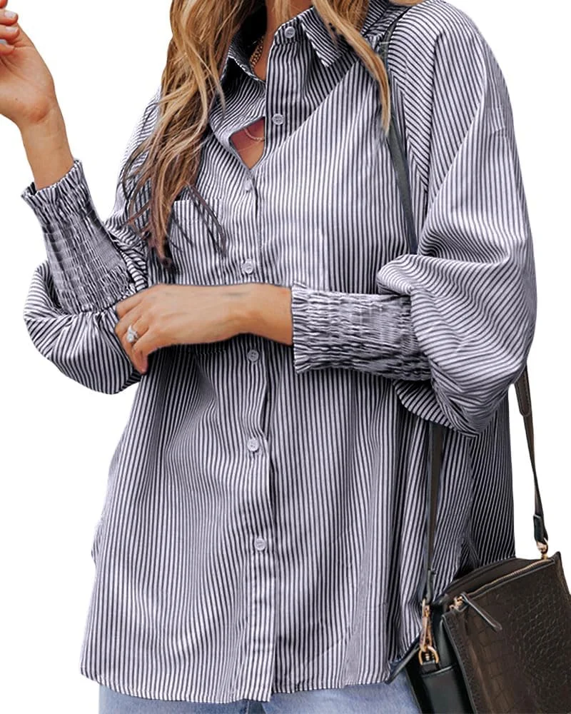 بلوز زنانه راه راه آستین بلند دکمه دار جیب دار