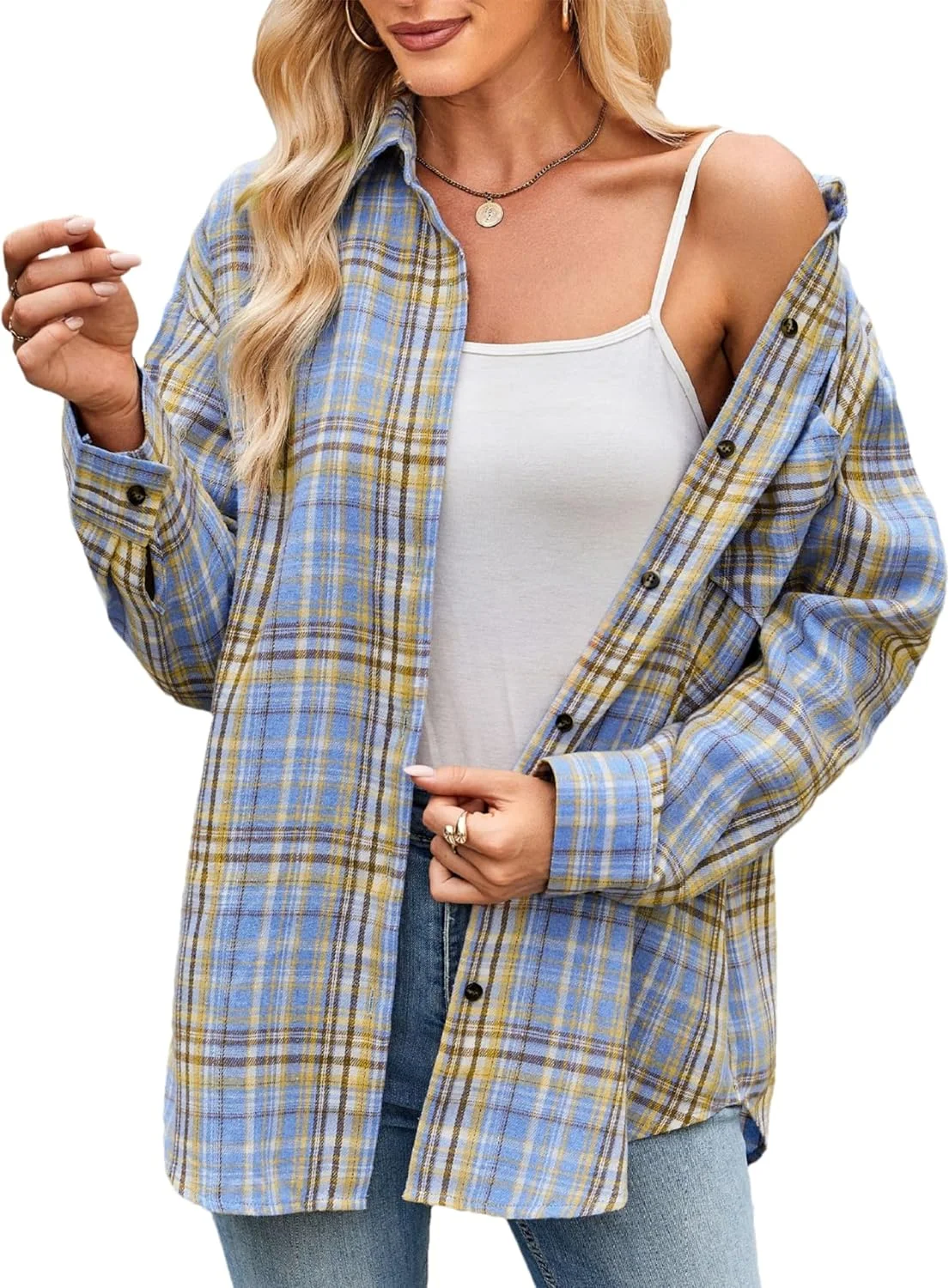 پیراهن های فلانل HangNiFang زنانه دکمه دار آستین بلند طرح چهارخانه و گشاد