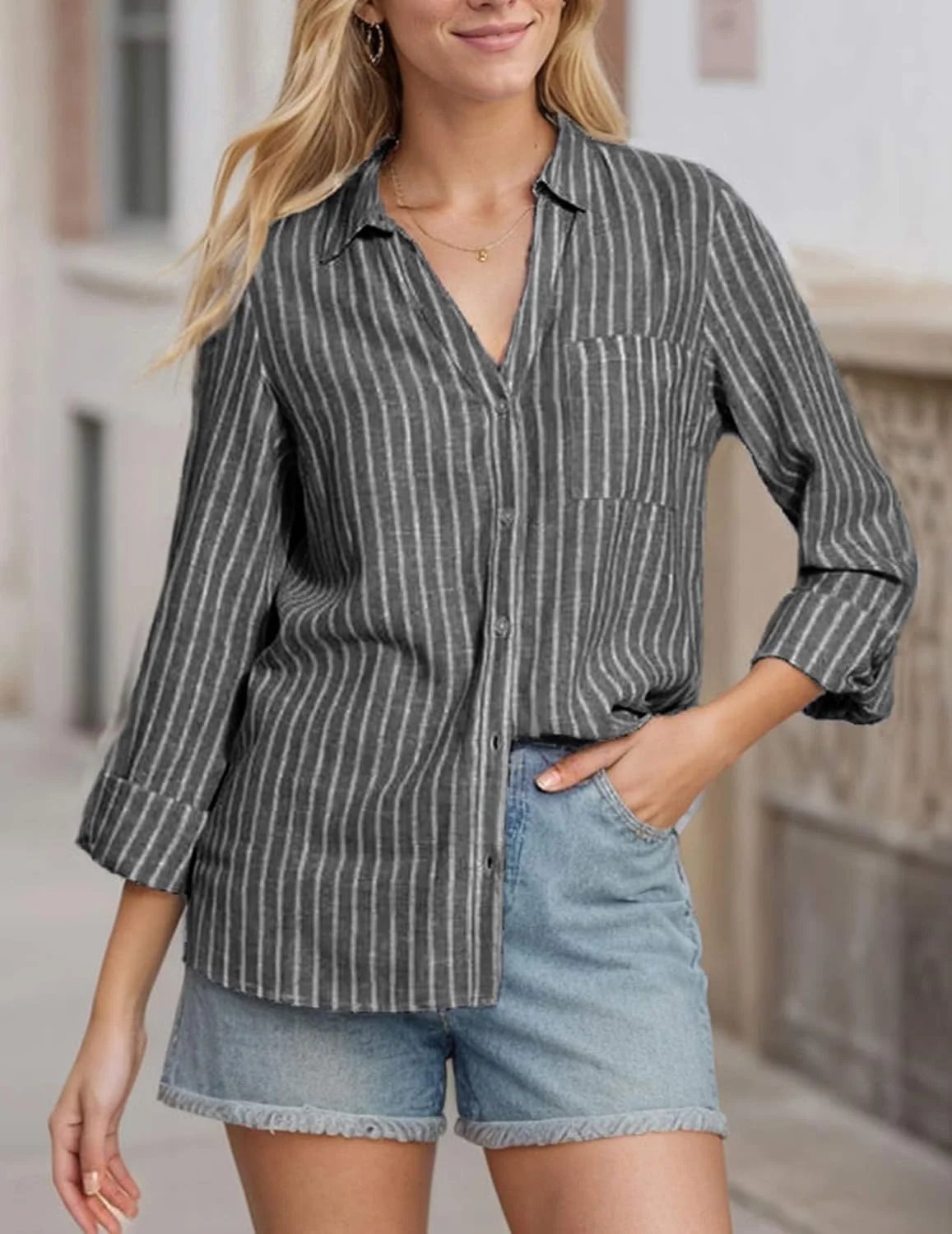 بلوز زنانه راه راه دکمه دار آستین بلند شیک یقه هفت با جیب