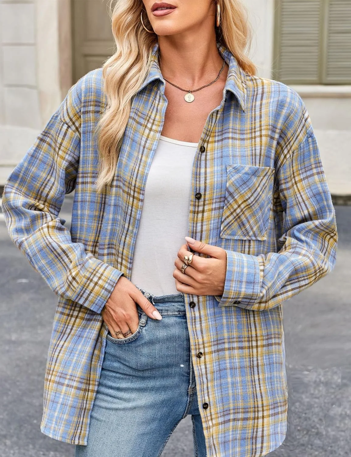 پیراهن های فلانل HangNiFang زنانه دکمه دار آستین بلند طرح چهارخانه و گشاد پیراهن های فلانل HangNiFang زنانه دکمه دار آستین بلند طرح چهارخانه و گشاد