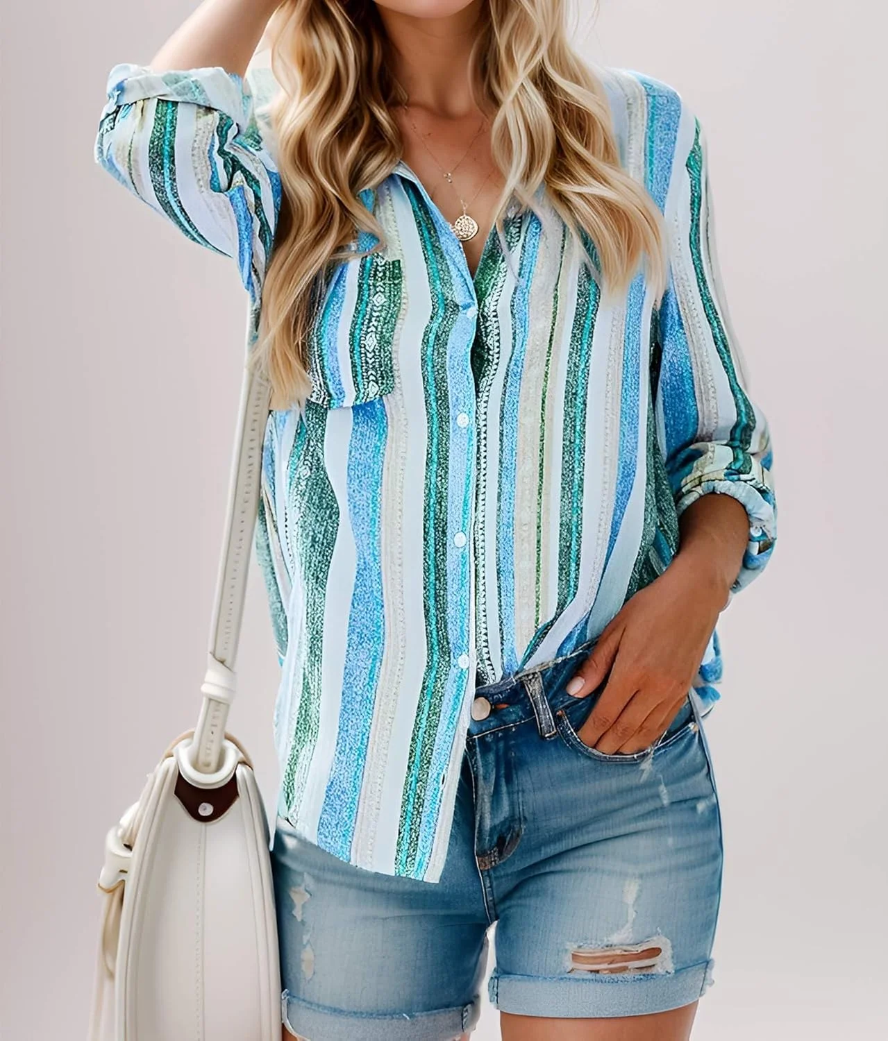 پیراهن دکمه دار زنانه، رنگ ثابت، بلوز سبک وزن، تاپ راه راه زنانه