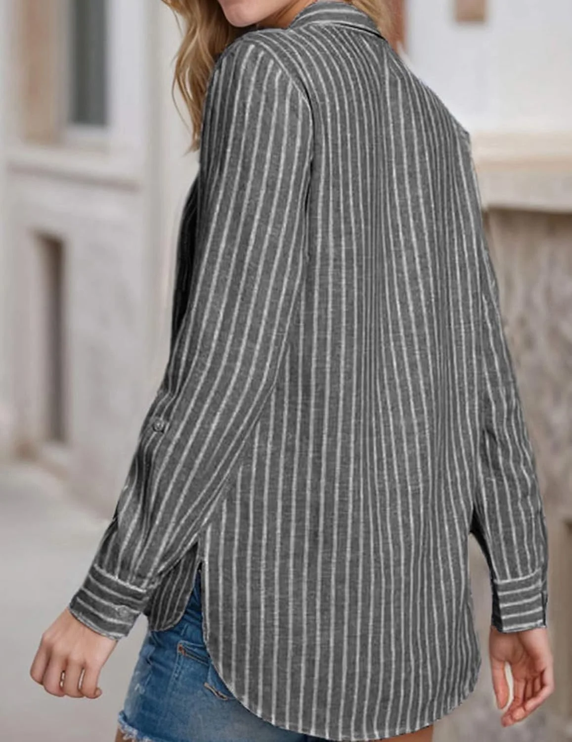 بلوز زنانه راه راه دکمه دار آستین بلند شیک یقه هفت با جیب