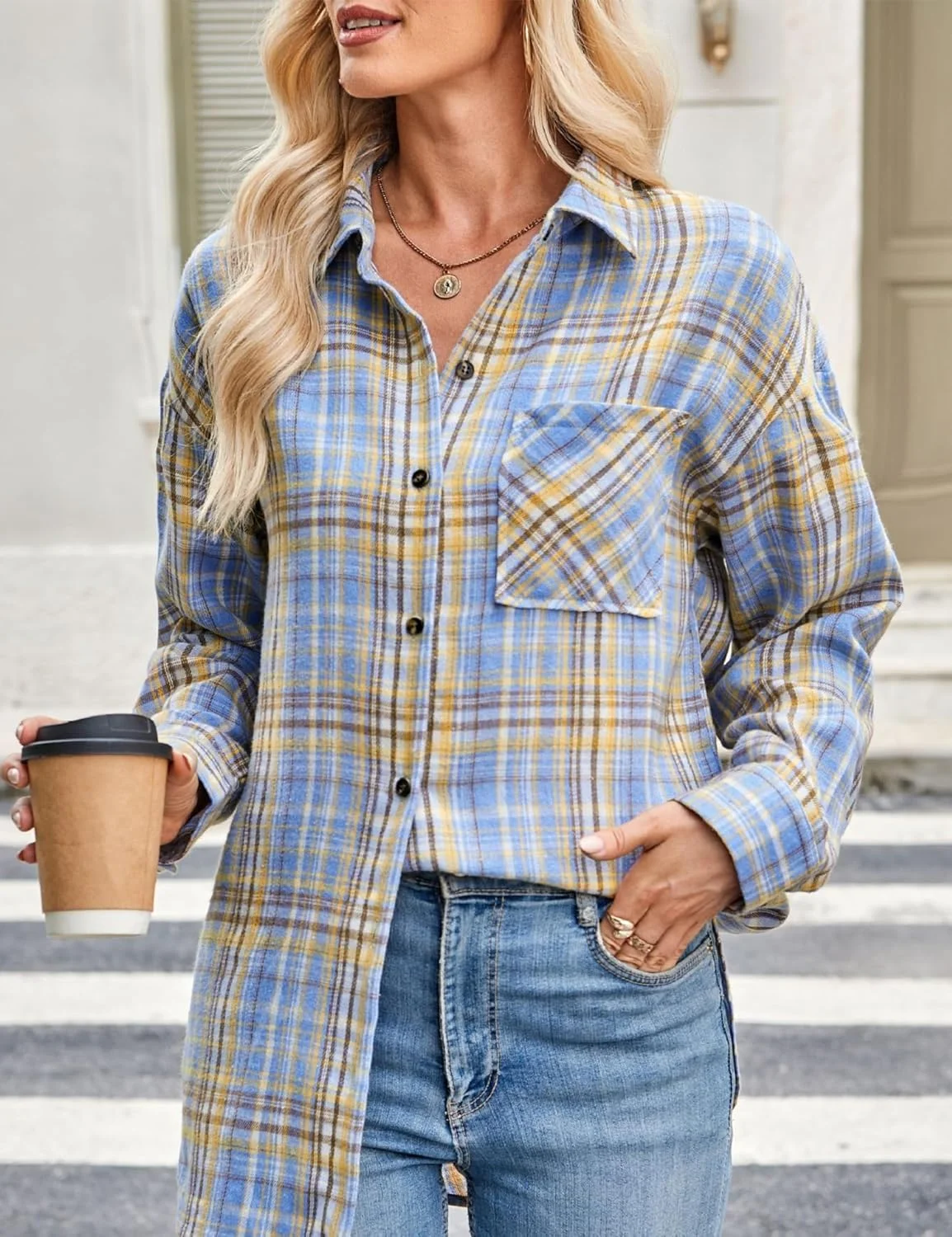 پیراهن های فلانل HangNiFang زنانه دکمه دار آستین بلند طرح چهارخانه و گشاد پیراهن های فلانل HangNiFang زنانه دکمه دار آستین بلند طرح چهارخانه و گشاد