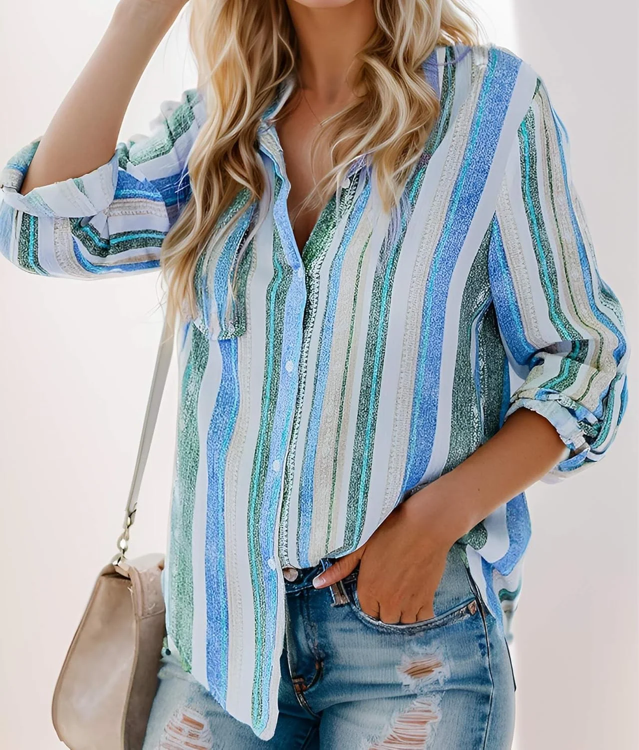 پیراهن دکمه دار زنانه، رنگ ثابت، بلوز سبک وزن، تاپ راه راه زنانه