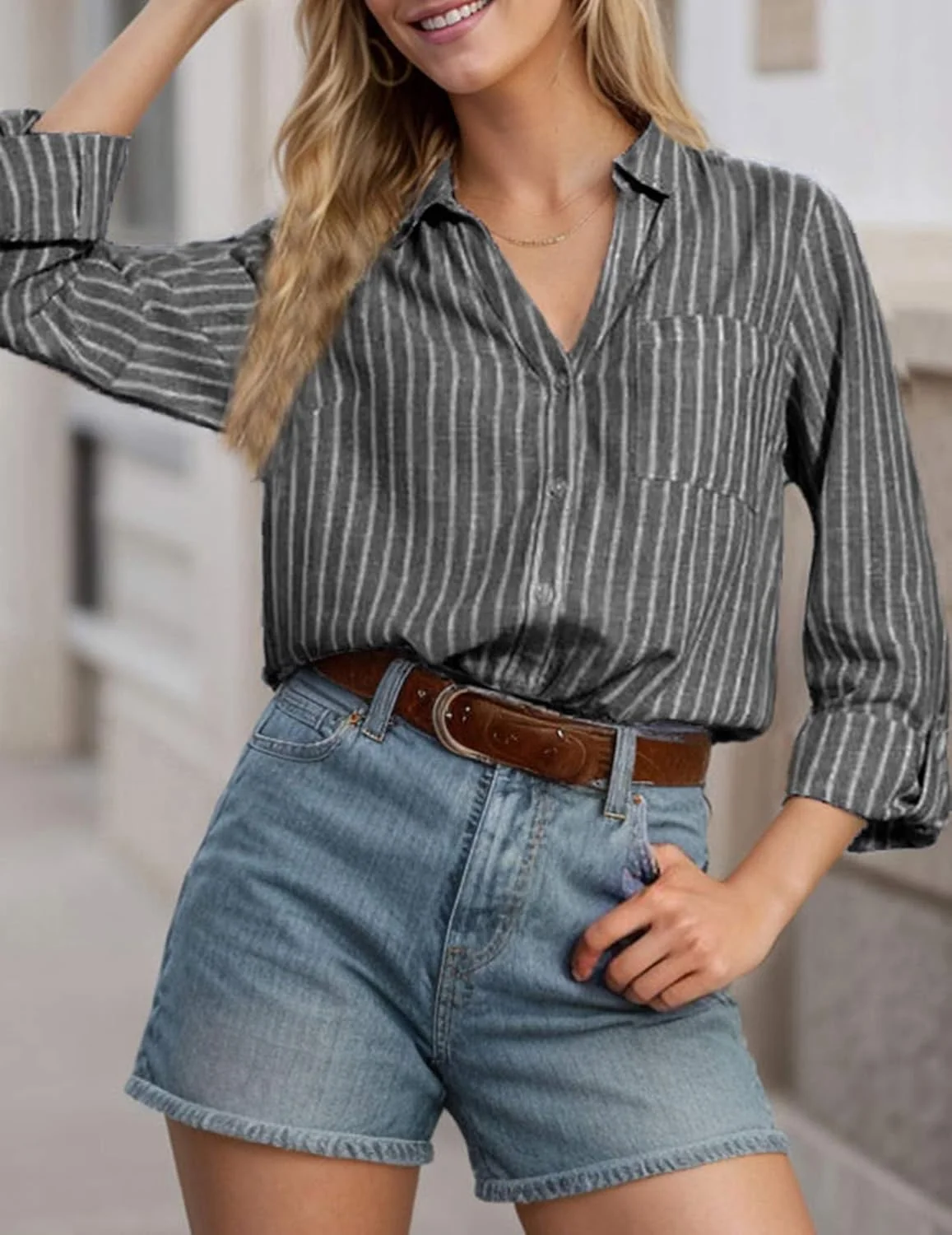 بلوز زنانه راه راه دکمه دار آستین بلند شیک یقه هفت با جیب