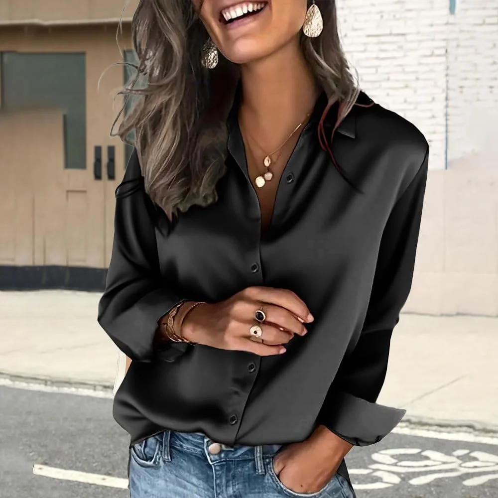 بلوز دکمه دار ساتن سفید، آستین بلند، پیراهن غیر رسمی اداری زنانه، نرم و شیک