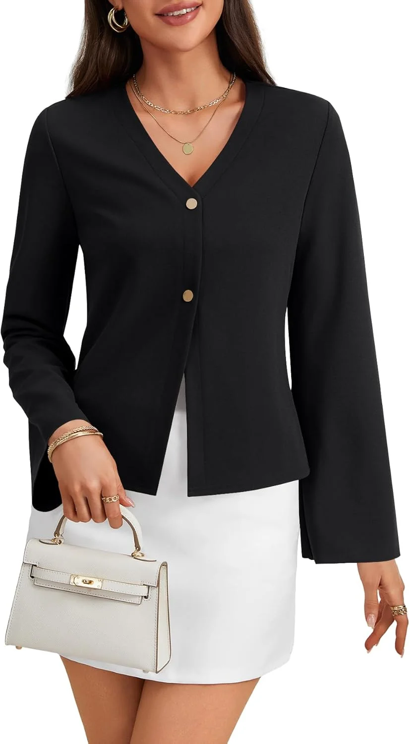 بلوز زنانه دکمه دار LYANER، یقه هفت، آستین های ناقوسی بلند، اندامی و شیک