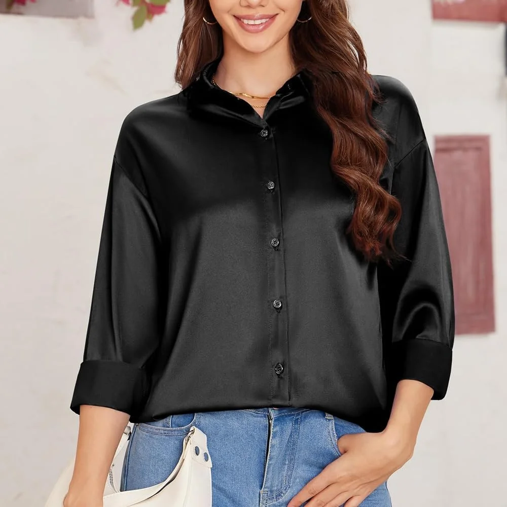 بلوز دکمه دار ساتن سفید، آستین بلند، پیراهن غیر رسمی اداری زنانه، نرم و شیک