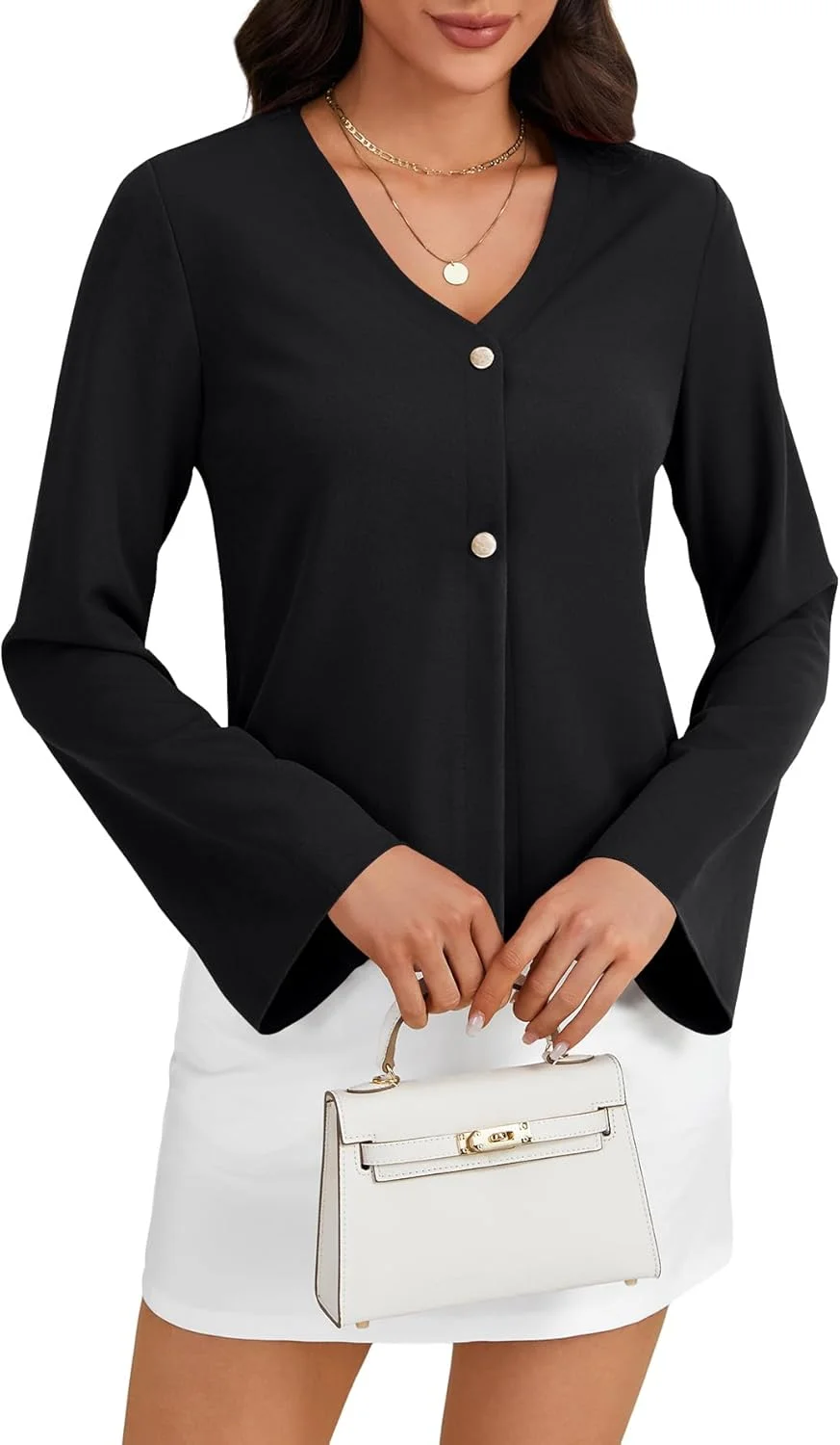 بلوز زنانه دکمه دار LYANER، یقه هفت، آستین های ناقوسی بلند، اندامی و شیک