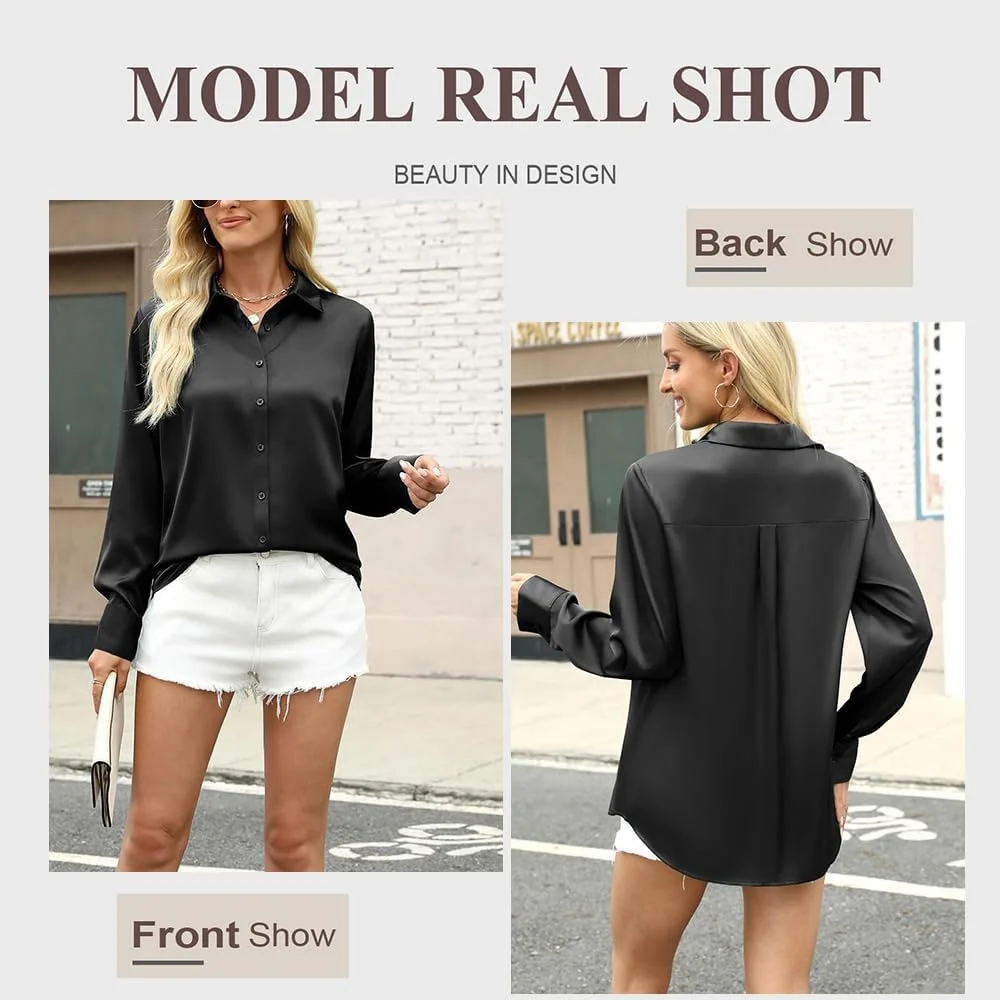 بلوز دکمه دار ساتن سفید، آستین بلند، پیراهن غیر رسمی اداری زنانه، نرم و شیک