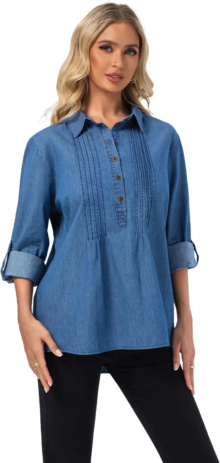 پیراهن جین زنانه FASHIONSPARK، آستین سه ربع دکمه دار، بلوز جین، مدل آزاد، تاپ غیر رسمی با جزئیات پین تاک