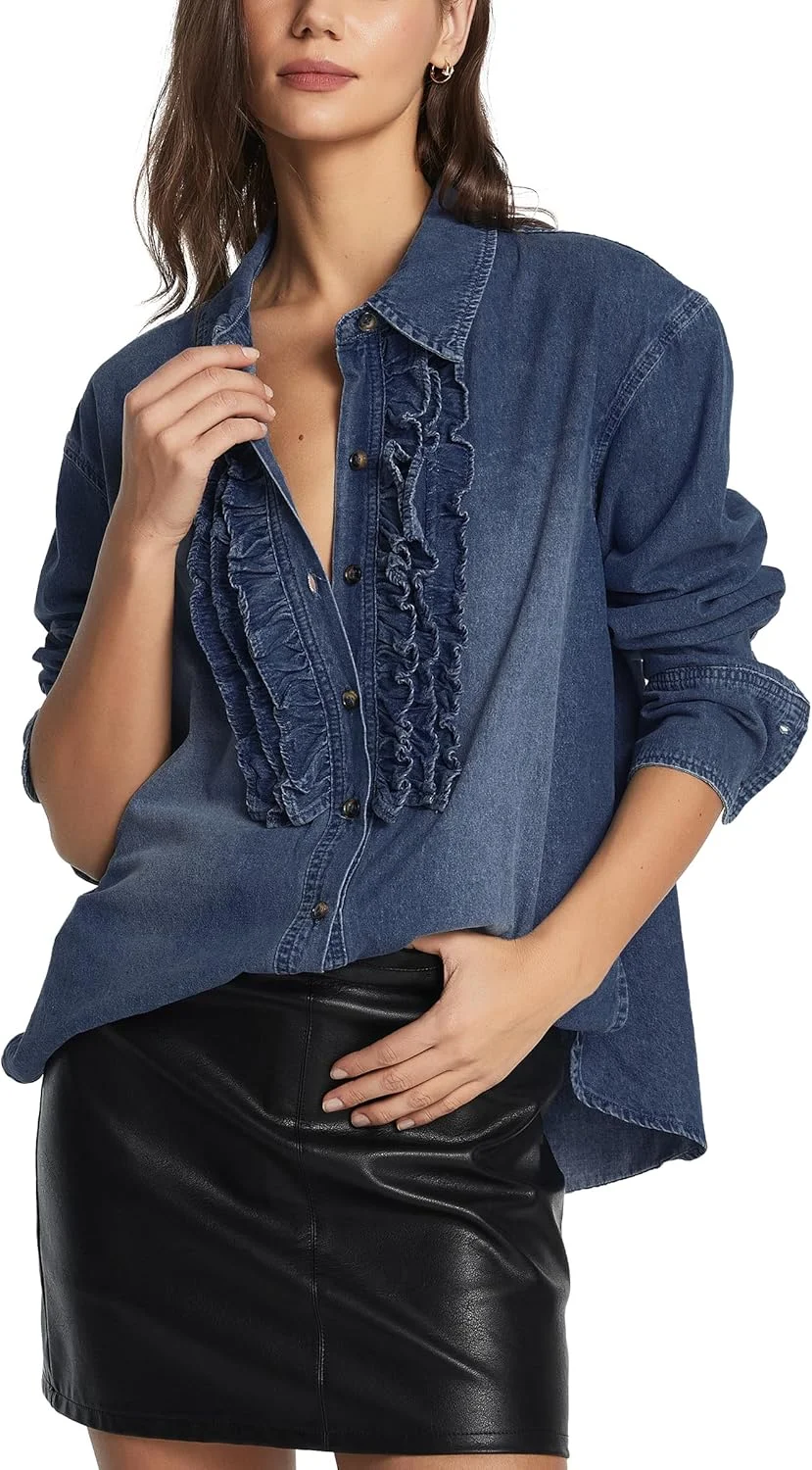D-Sun پیراهن جین زنانه دکمه دار آستین بلند یقه هفت توری دار بلوز جین شیک و غیر رسمی مدل کت جین
